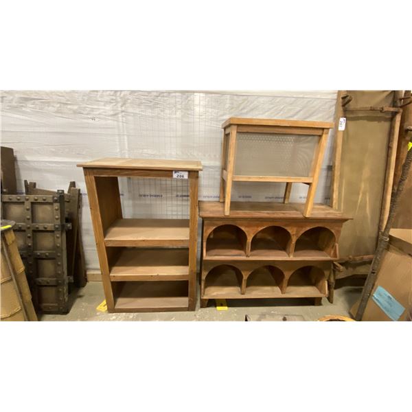 WOODEN BOOKSHELF, NESTING BOX UNIT & SMALL CHICKEN CAGE