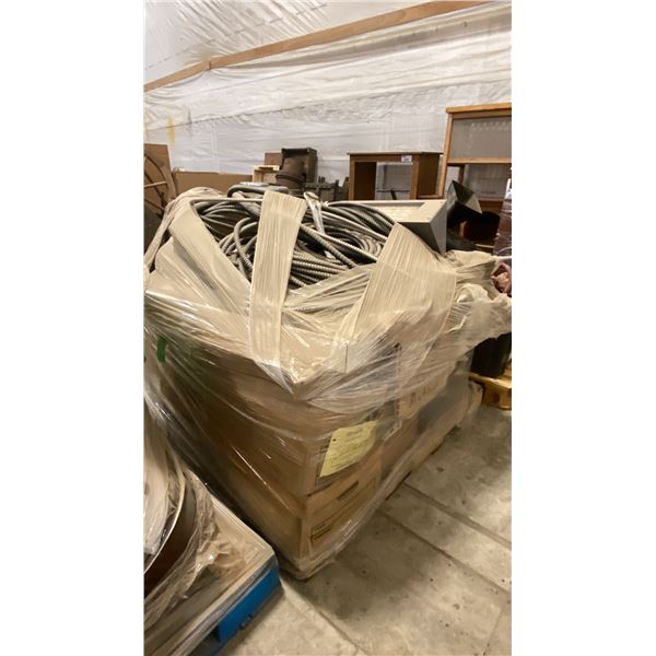 PALLET OF ASSORTED ELECTRICAL CABLES, LIGHTS, BREAKER BOXES & MORE