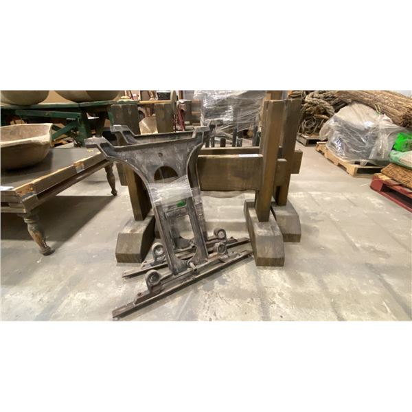 PAIR OF PRIMITIVE WOODEN TABLE LEGS & PAIR OF INDUSTRIAL STEEL TABLE LEGS