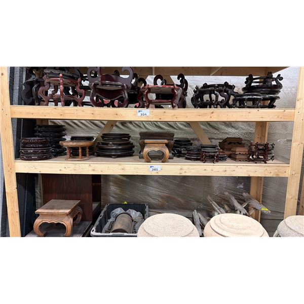SHELF OF ASSORTED WOODEN PLANTER STANDS & BASES
