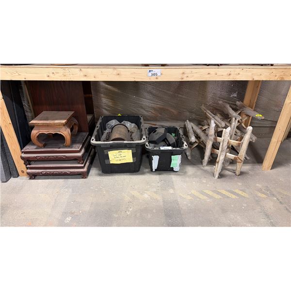 2 BINS OF LANTERNS, 5 PAIRS OF PRIMITIVE STYLE WOOD/SKIN PLANTER STANDS & 3 MISC WOODEN