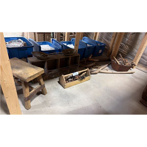 LARGE GROUP OF ASSORTED VINTAGE TOOLS, SMALL WOODEN STOOL & SMALL HARDWARE CABINET