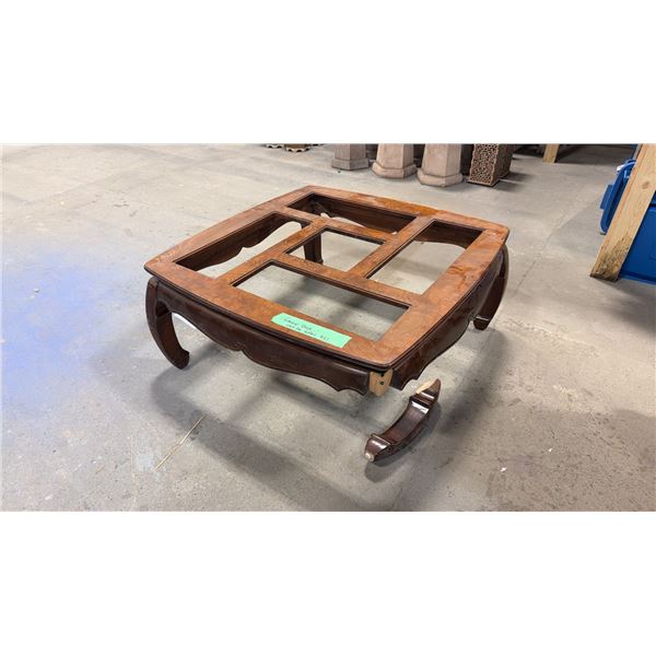 MAHOGANY COFFEE TABLE, MISSING GLASS PANELS *ONE LEG NEEDS REPAIR*