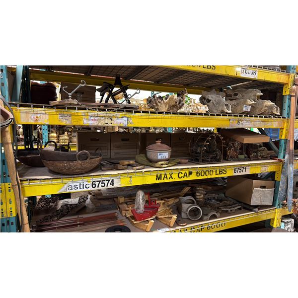 SHELF OF MINIATURE FACTORY DISPLAYS, COOKING VESSELS, ASSORTED PROP BOOKS, SCROLLS & FLATS OF AGED