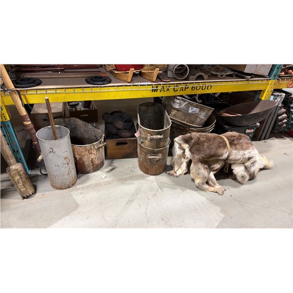 SHELF OF ASSORTED METAL RUSTIC BASINS, ANIMAL PELT, METAL PIPES, PROP BONES & MORE