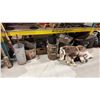 Image 1 : SHELF OF ASSORTED METAL RUSTIC BASINS, ANIMAL PELT, METAL PIPES, PROP BONES & MORE