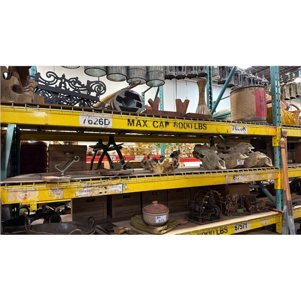 SHELF OF ASSORTED SET DEC ANIMAL SKULLS, NATURAL WOOD CENTERPIECE, SCROLL BOXES & SET DEC ITEMS