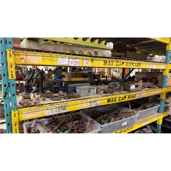 SHELF OF ASSORTED TOOLS, BRUSHES, TOOLBOXES & HARDWARE