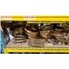 Image 5 : SHELF OF ASSORTED BRASS DECORATIVE BOWLS, CLOCHES, BEVERAGE DISPENSERS, FONDUE POT STANDS, SERVING