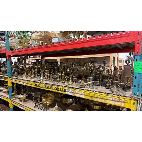 SHELF OF ASSORTED BRASS CANDLE HOLDERS, VASES, SERVING PITCHERS, GOBLETS & MORE