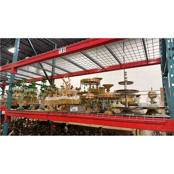SHELF OF ELEGANT BRASS/GLASS CANDLE HOLDERS, FOOD DISPLAY STANDS & TABLE DECOR ITEMS