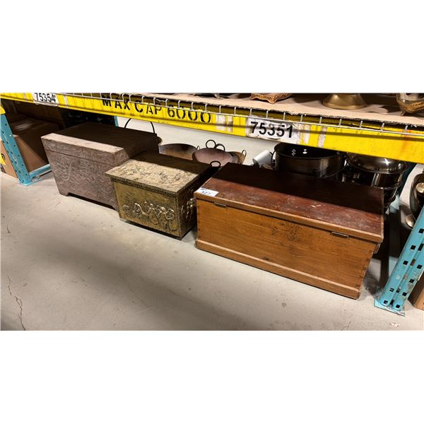 SHELF OF 3 VINTAGE STORAGE TRUNKS & ASSORTED COOKING POTS/PANS