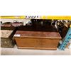Image 3 : SHELF OF 3 VINTAGE STORAGE TRUNKS & ASSORTED COOKING POTS/PANS