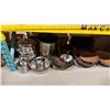 Image 5 : SHELF OF 3 VINTAGE STORAGE TRUNKS & ASSORTED COOKING POTS/PANS