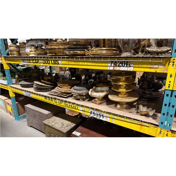 SHELF OF BRASS SERVING PLATTERS, SILVER TEA POTS, CUPS & MORE