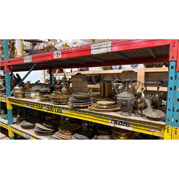 SHELF OF BRASS BOWLS, PLATES, SERVING PLATTERS, CUPS, CANDLE HOLDERS, GOBLETS & DECOR ITEMS