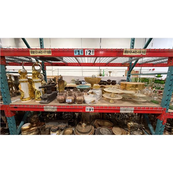 SHELF OF ASSORTED ELEGANT TABLE DECOR ITEMS, BRASS SERVING BOWLS, GLASS CAKE STANDS & MORE