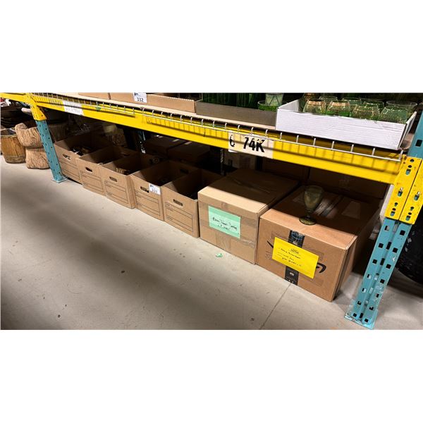 SHELF OF ASSORTED ELEGANT BRASS SERVING DISHES, RUSTIC WOODEN BENCH, & LARGE ASSORTMENT OF GREEN