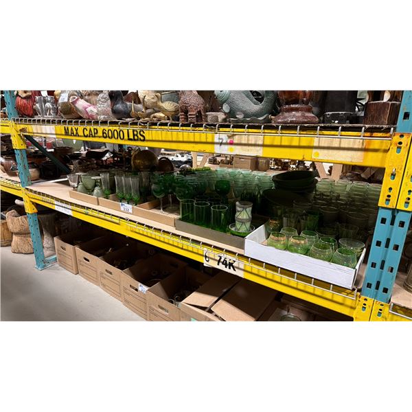 SHELF OF ASSORTED GREEN GLASS DRINKING GOBLETS/GLASSES, ANTIQUE BRASS SCALES, VINTAGE GLOBES & MORE