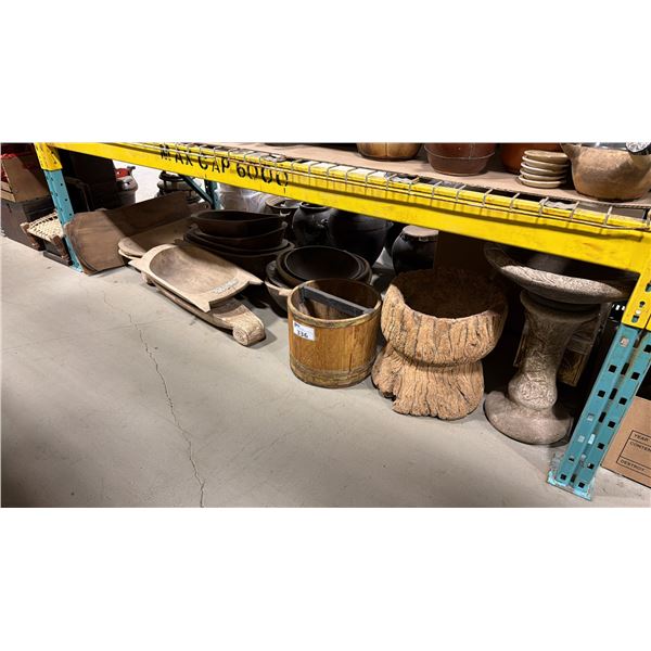 SHELF OF RUSTIC WOODEN BOWLS, CONCRETE BIRD BATH, GREEN CHINA DINNERWARE, GLASS JARS & ASSORTED SET