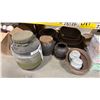 Image 6 : SHELF OF RUSTIC WOODEN BOWLS, CONCRETE BIRD BATH, GREEN CHINA DINNERWARE, GLASS JARS & ASSORTED SET