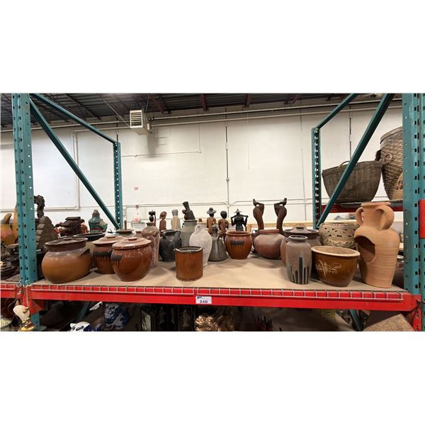 SHELF OF ASSORTED POTTERY, VASES, CARVED STATUES & MORE