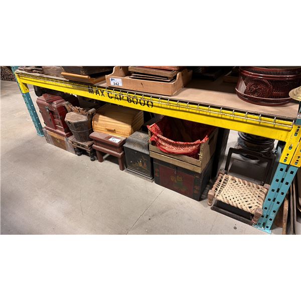 SHELF OF ASSORTED WOODEN STORAGE BOXES, ASIAN STATUES, PLANT STANDS & SERVING TRAYS