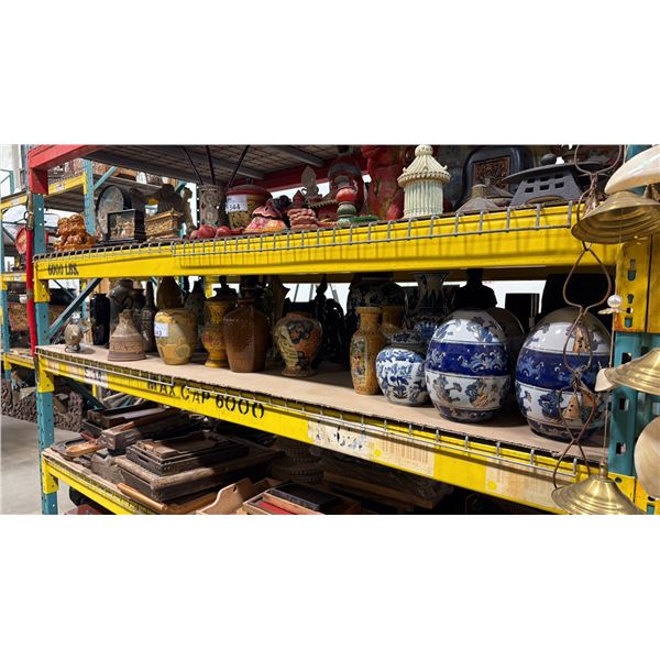 SHELF OF ASIAN & AFRICAN MOTIF STATUES, GLASS VASES & OTHER DECOR ITEMS