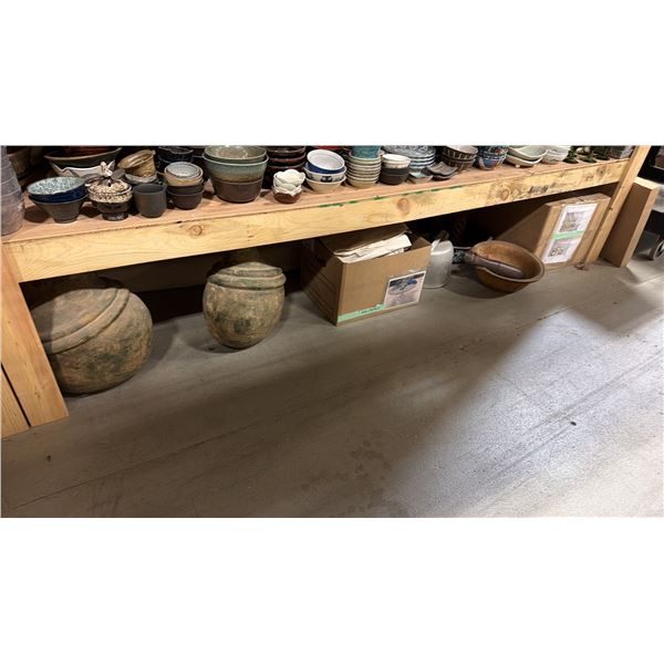 SHELF OF ASSORTED GREEN CHINA CUPS, SAUCERS, PLATES, CRYSTAL PLATTER WITH GLASS CRYSTALS, 2 LARGE