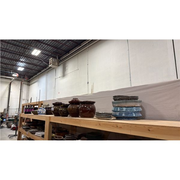 ENTIRE TOP SHELF OF VINTAGE FERMENTATION JARS, SERVING PLATES/BOWLS, DEALCOHOLIZED WINE & MORE