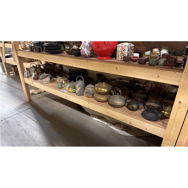 SHELF OF ASSORTED VINTAGE COLLECTABLE TEAPOTS