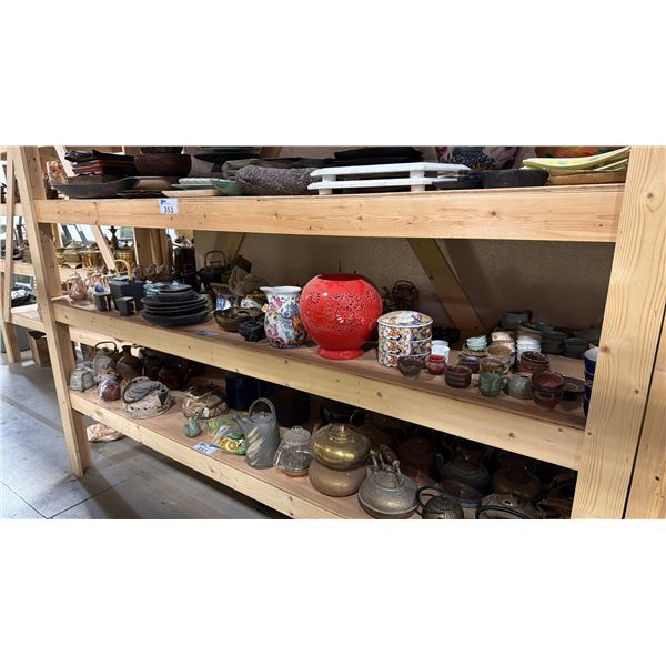 SHELF OF ASIAN MOTIF DISHES, TEA POTS & DECOR ITEMS