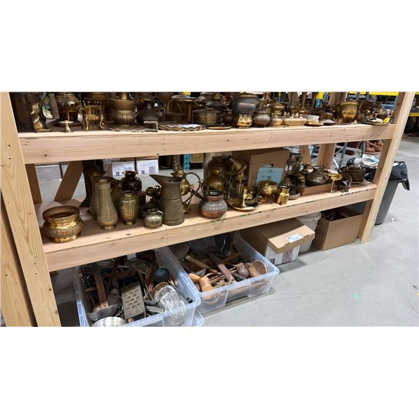 SHELF OF ASSORTED BRASS KETTLES, GOBLETS, CANDLE HOLDERS & MORE