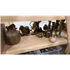 Image 7 : SHELF OF ASSORTED BRASS KETTLES, GOBLETS, CANDLE HOLDERS & MORE