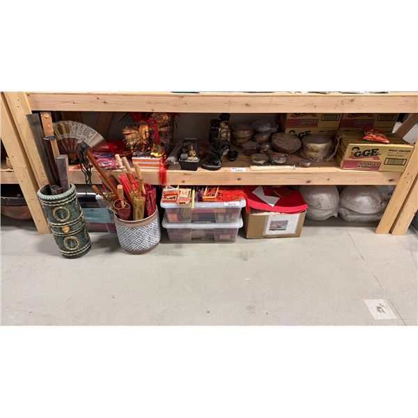 SHELF OF ASSORTED ASIAN UMBRELLAS, FANS, INCENSE & MORE