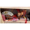 Image 2 : SHELF OF ASSORTED TRADITIONAL ASIAN DECOR ITEMS, FANS, UMBRELLAS, CRACKERS & MORE