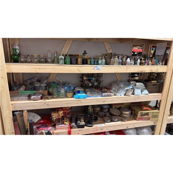 SHELF OF ASSORTED BANGLES, GLASS DIAMONDS, ROCKS, NECKLACES & LARGE ASSORTMENT OF CRAFTING ITEMS