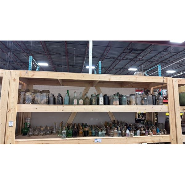 2 SHELVES OF ASSORTED SIZE APOTHECARY JARS- SOME EMPTY, SOME WITH CONTENTS