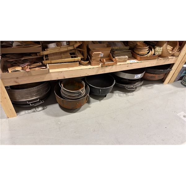 SHELF OF RUSTIC COOKING POTS/PANS