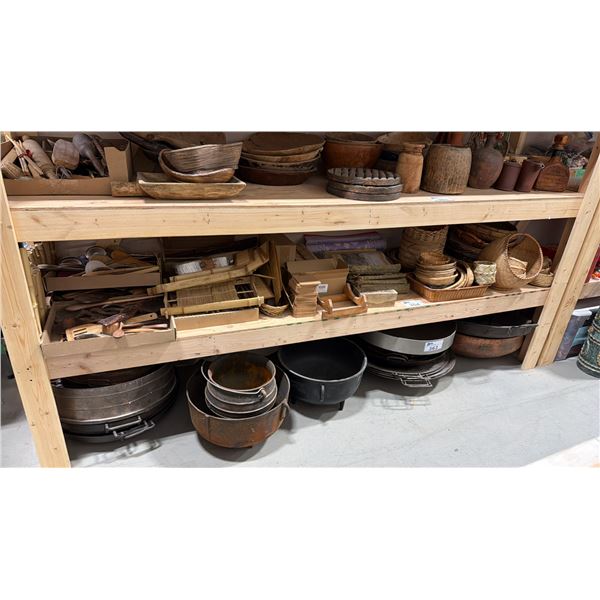 SHELF OF ASSORTED WICKER & WOOD BASKETS, STANDS, UTENSILS & MORE