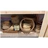 Image 4 : SHELF OF ASSORTED WICKER & WOOD BASKETS, STANDS, UTENSILS & MORE