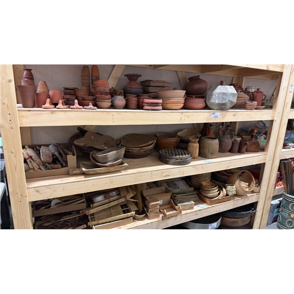 SHELF OF ASSORTED RUSTIC BOWLS, SERVING JUGS & UTENSILS