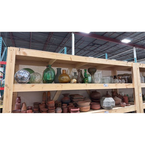 SHELF OF ASSORTED VINTAGE GLASS DECOR VASES & JARS