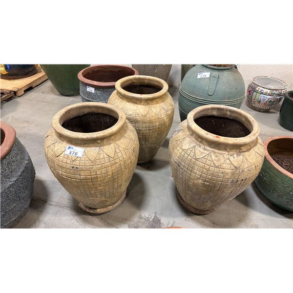 3 LARGE TAPERED PLANTER POTS APPROX 1'10"W X 1.7'H