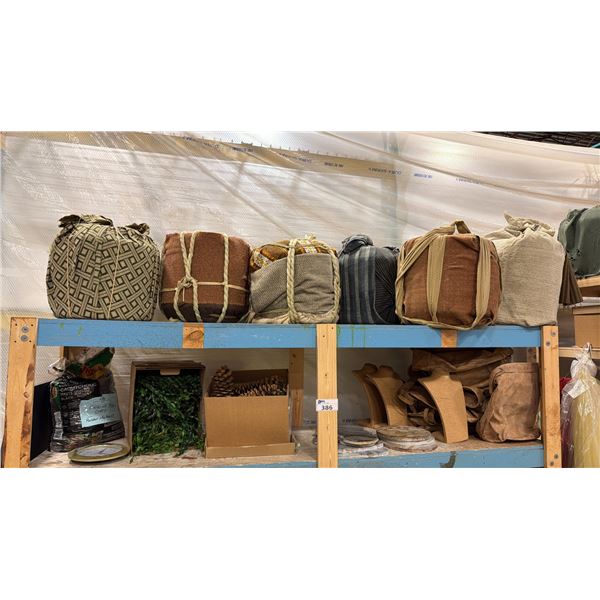 2 SHELVES OF ASSORTED SET DEC ITEMS INCLUDING RUBBER MULCH, SMALL MARBLE SLABS, RUSTIC BAGS, PINE