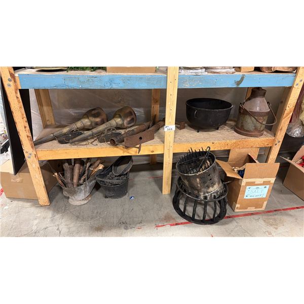2 SHELVES OF ASSORTED OUTDOOR FIRE SET DEC ITEMS