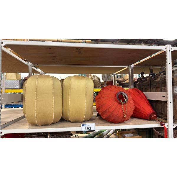 4 ASIAN LAMPSHADES & 2 RED SILK LANTERNS