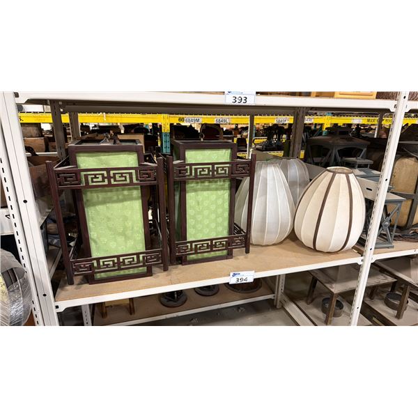 3 ASIAN LAMPSHADES & 2 HANGING LANTERN BOXES