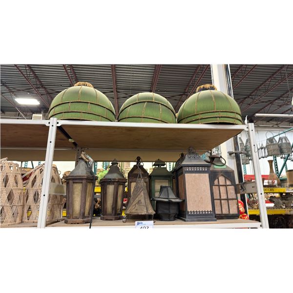 APPROX 10 VINTAGE ASIAN LAMPS/LANTERNS & APPROX 16 GREEN HANGING LAMPSHADES