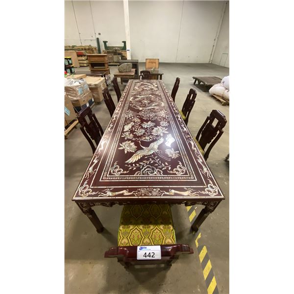 LARGE ORIENTAL DINING TABLE WITH MOTHER OF PEARL STENCILED DECALING AND 8 CHAIRS